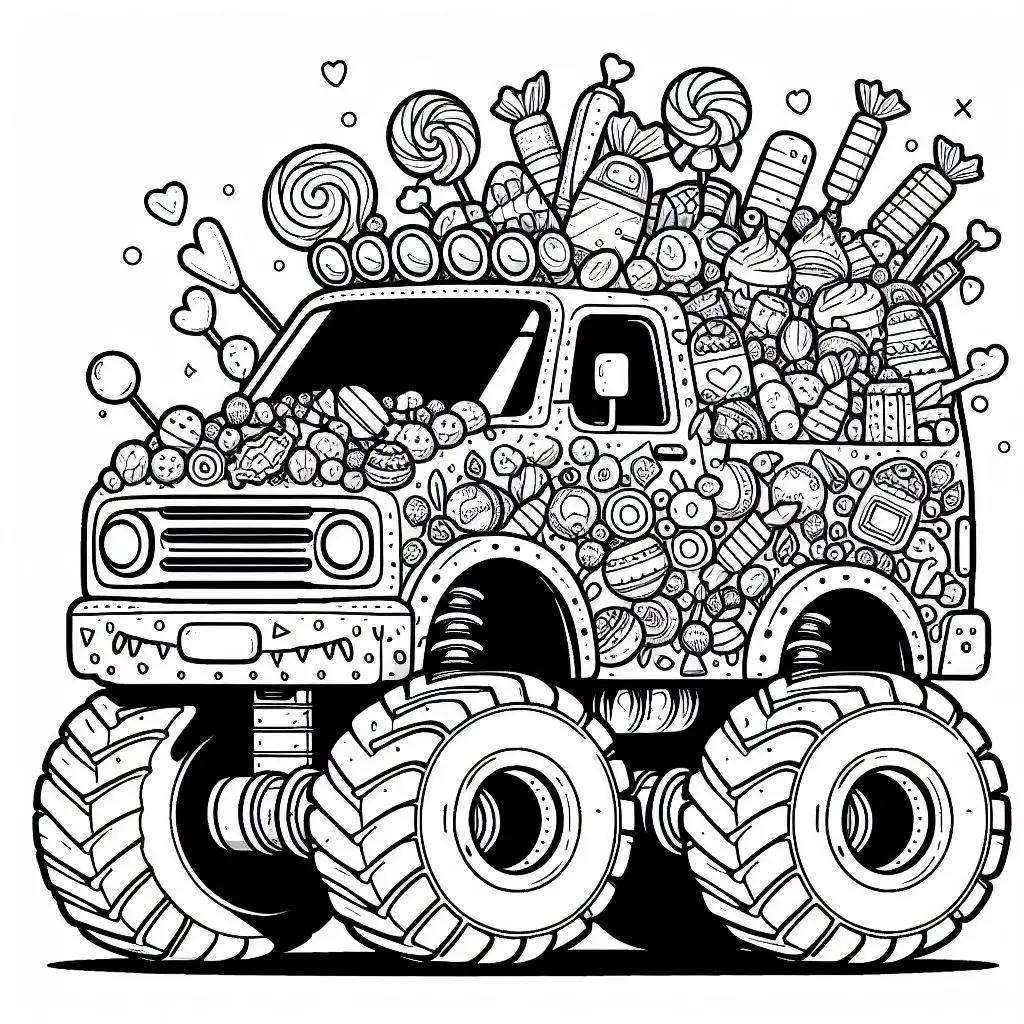 Free Printable Candy Monster Trucks Coloring Page